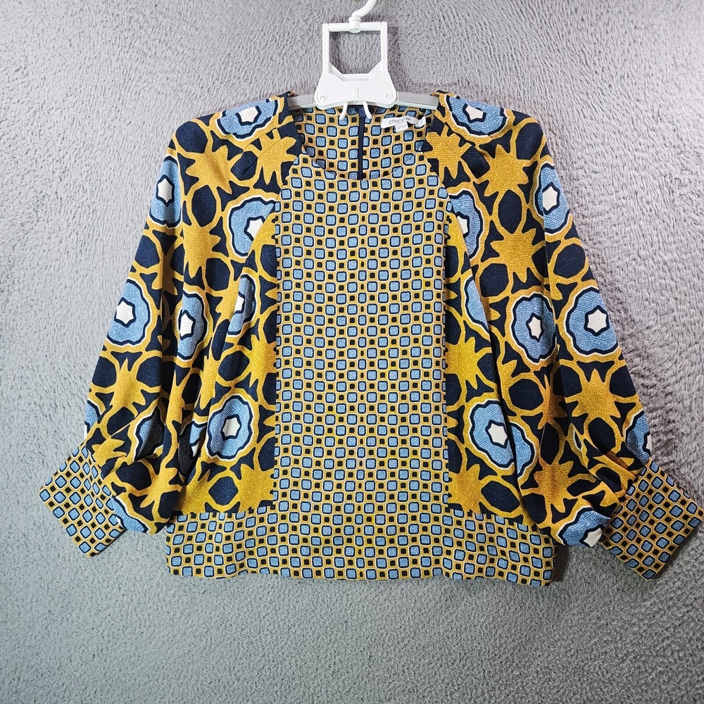 Chico's Top Blouse Women Size 6 Geometric Print Navy Blue Dark Yellow